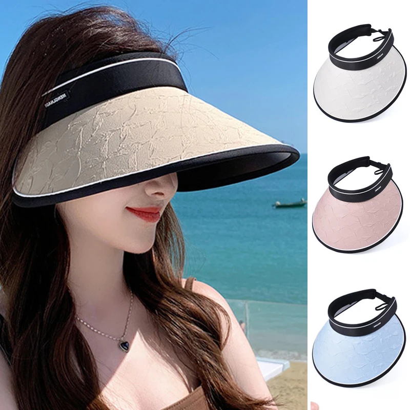

Summer Large Brim Sun Hats Outdoor Versatile Letter Pleated Empty Top Beach Hat Korean Fashion UV Protection Visor Cap for Women
