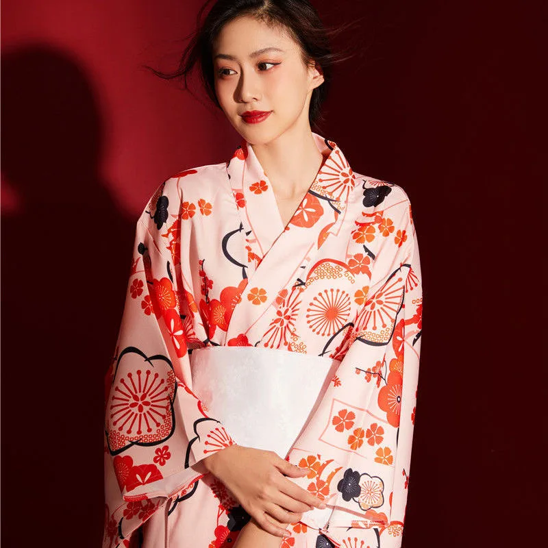 

Women Japan Style Kimono With White Obi Vintage Sakura Print Yukata Bathrobes Photography Festival Stage Show Costumes