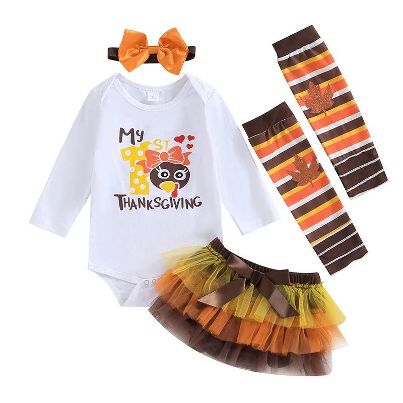 

Bmnmsl Baby Girl 4Pcs Thanksgiving Outfits Long Sleeve Turkey Romper with Shorts Leg Warmers Headband Set Infant Clothes