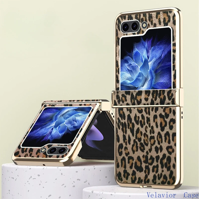 

For Samsung Galaxy Z Flip 5 case Drop Shockproof Hard Cover Electroplated Leopard Print Leather for 5 Flip4 Flip3 5G Phone Case