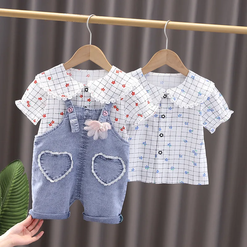 

2022 New Summer Girls Clothing Set Plaid Little Flower Short Sleeve + Denim Suspenders 2Pcs Suit For 1-5Y Kids Casual Outfit