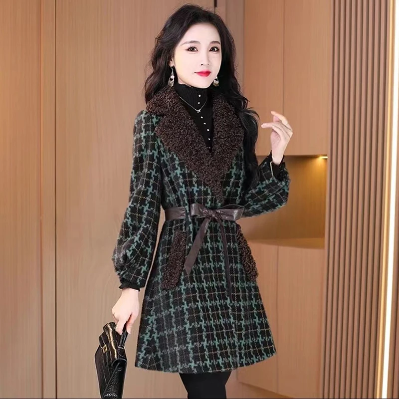 

Women Wool Coat 2024New Autumn Winter lattice Woolen Jacket Women Korean Middle Aged Female Mid Long Overcoat Windbreaker Female