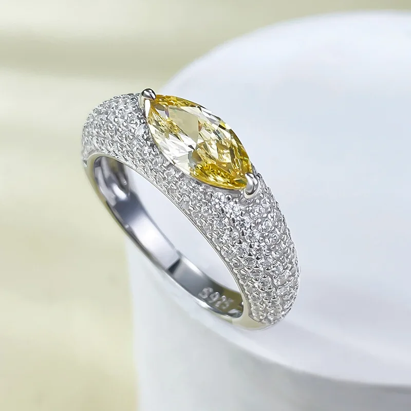 

New 925 Silver Luxury Set with Full Diamond 5 * 10 Yellow Diamond Horse Eye Personalized Ring, Simple Daily Instagram Style