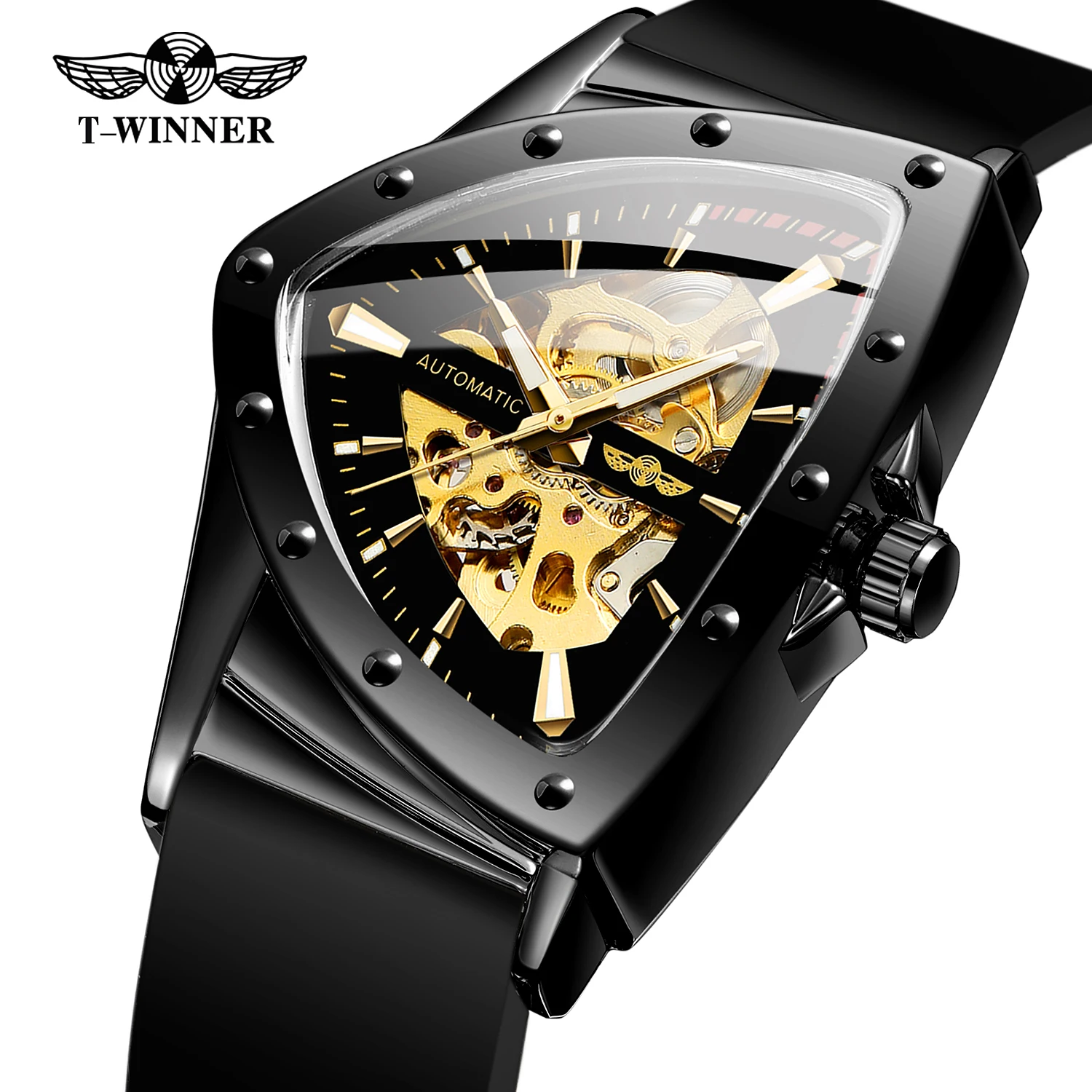 

Forsining Men's Watches Business Sport Men Silica Gel Strap Skeleton Triangle Wristwatch Watreproof Luminous Mechanical Watch