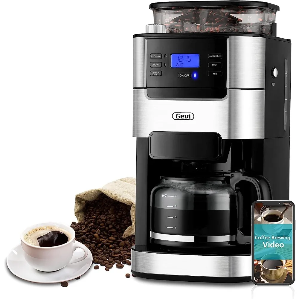 

10-Cup Drip Coffee Maker, Grind and Brew Automatic Coffee Machine with Built-In Burr Coffee Grinder, Programmable Timer