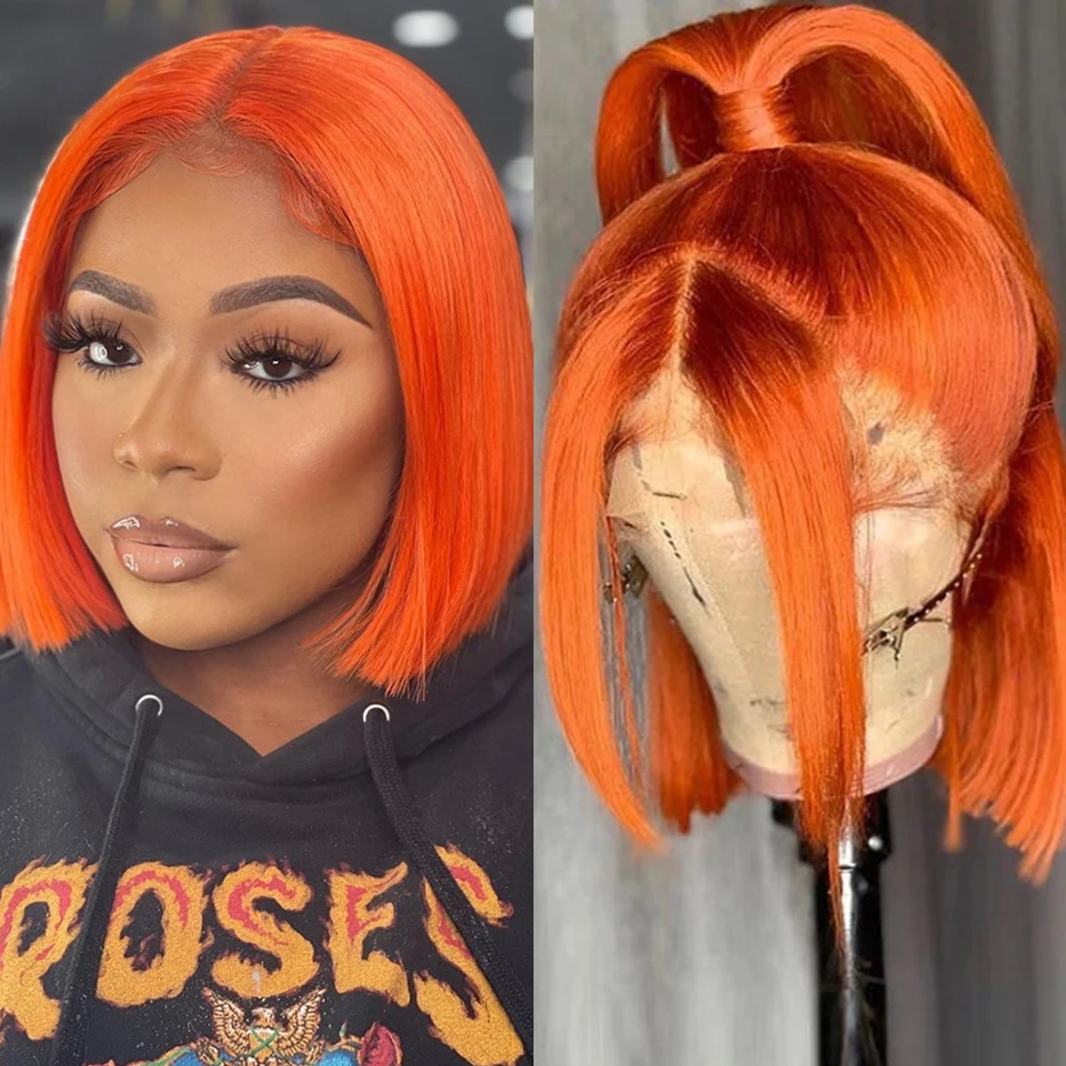 

Preplucked Glueless Ginger Orange Short Blunt Bob Silky Straight Soft Deep Lace Front Wigs For Black Women With Baby Hair Daily
