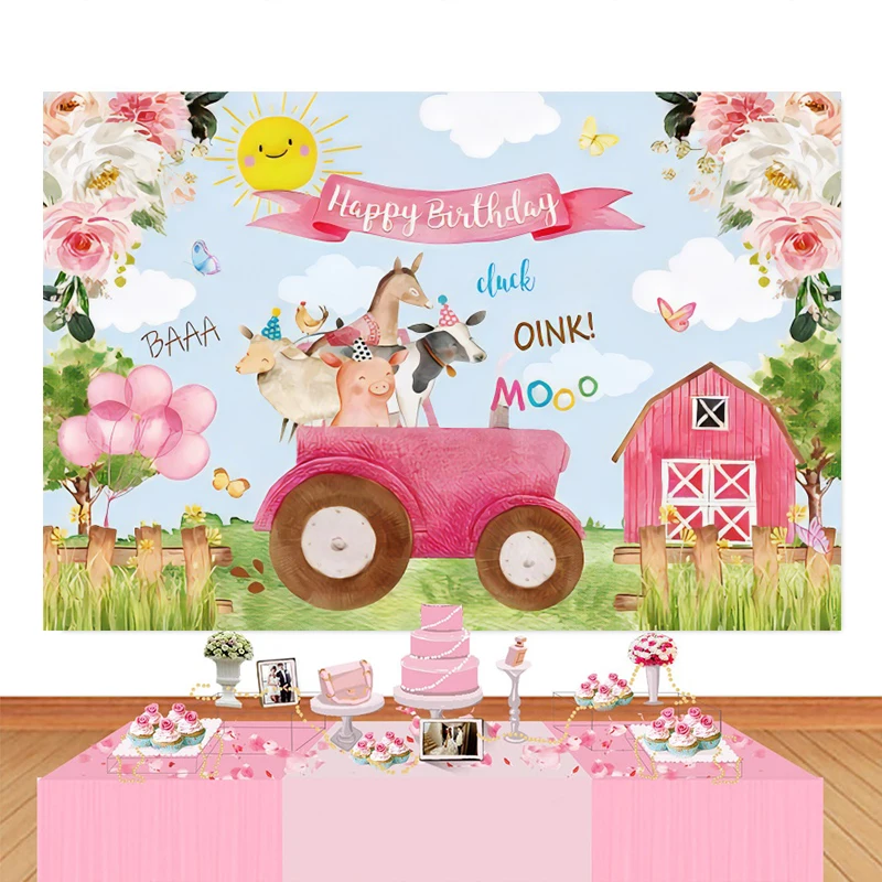 

Pink Farm Animals Theme Backdrop Photography Birthday Rural Barn Country Tractor Baby Kid Background Decor Banner Party Supplies