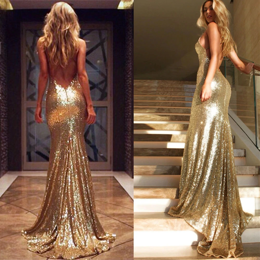 

Gold Sequined Mermaid Evening Dresses 2023 V Neck Backless Imported Party Formal Prom Gowns Vestidos De Fiesta Largos De Gala