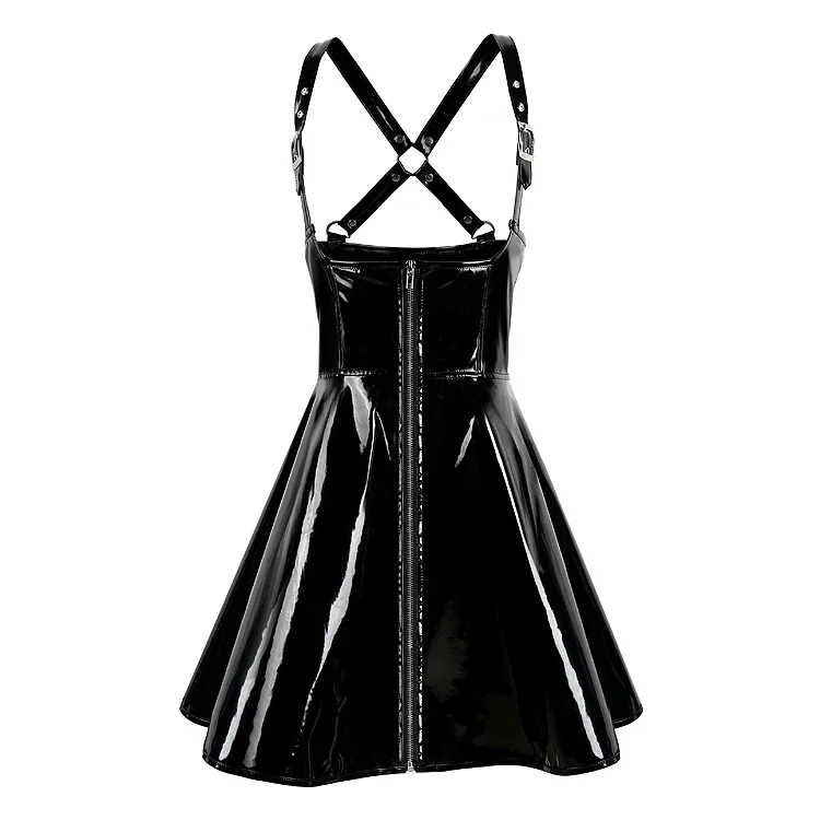 

Sexy Women Black PVC Suspender Dress Gothic Punk Ladies Zipper Front Faux Leather Dresses Cocktail Nightclub Party Costume