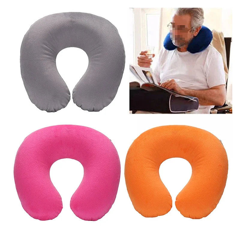 

U-shaped Travel Pillow Car Air Flight Office Inflatable Neck Pillow Short Plush Cover PVC Support Headrest Soft Nursing Cushion