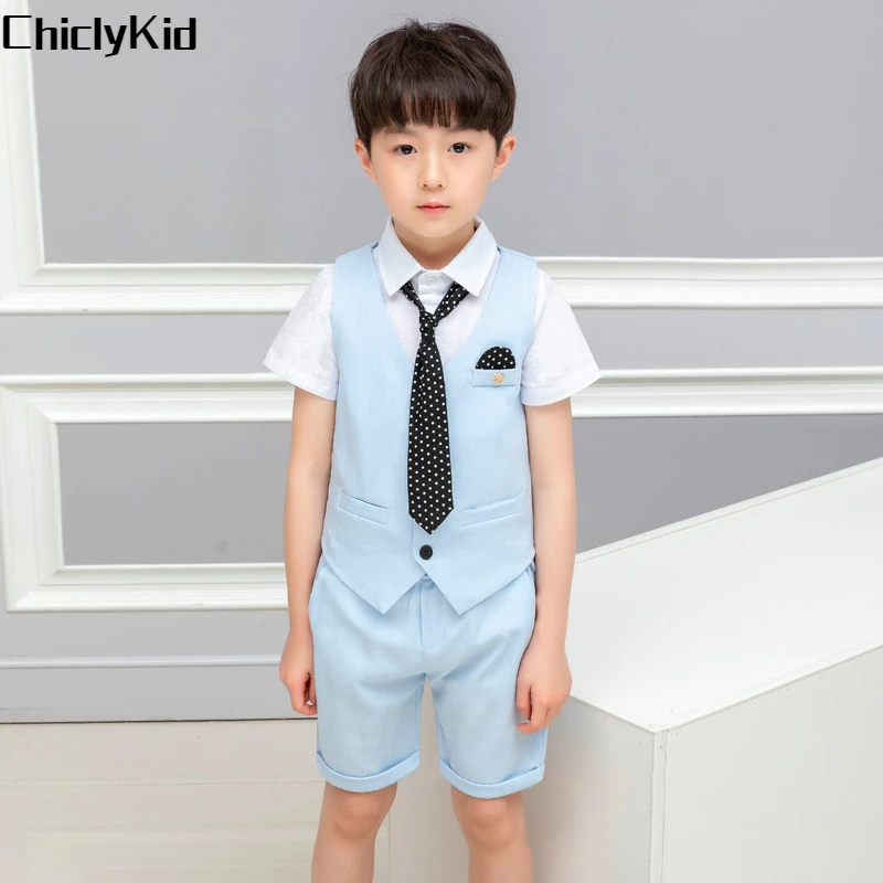 

Boys Summer Vest Shirt Shorts Formal Dress Kids Solid Color Waistcoat Wedding Clothes Sets Child Uniforms Toddler Tuxedo Costume