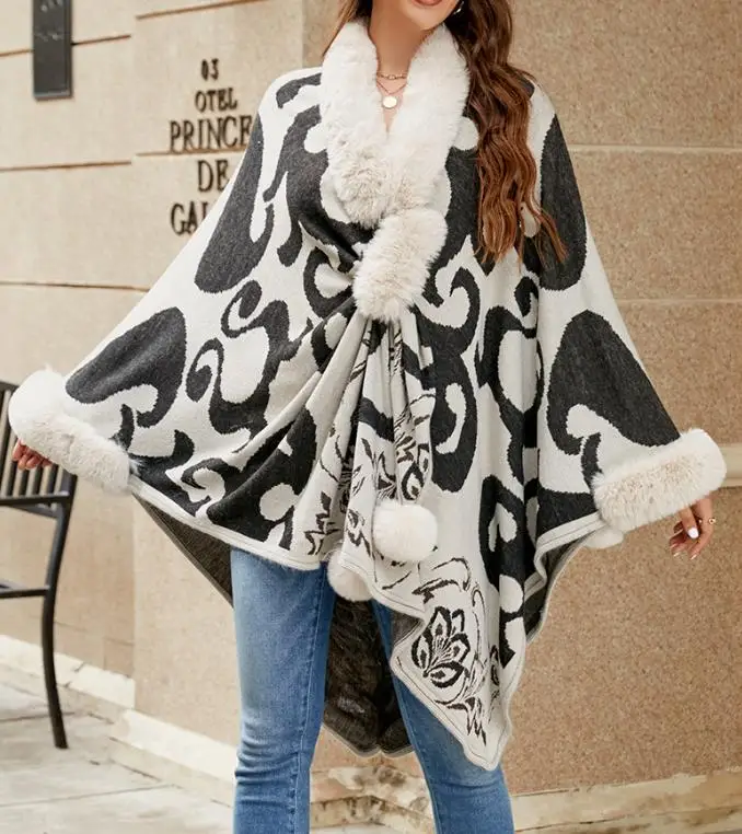 Woman Cloak Contrasting Color Fur Collar Thick Warm Shawl Winter New Knitted Coat Women's Fashion Fur Ball Triangle Scarf Cape
Woman Cloak Contrasting Color Fur Collar Thick Warm Shawl Winter New Knitted Coat Women's Fashion Fur Ball Triangle Scarf Cape