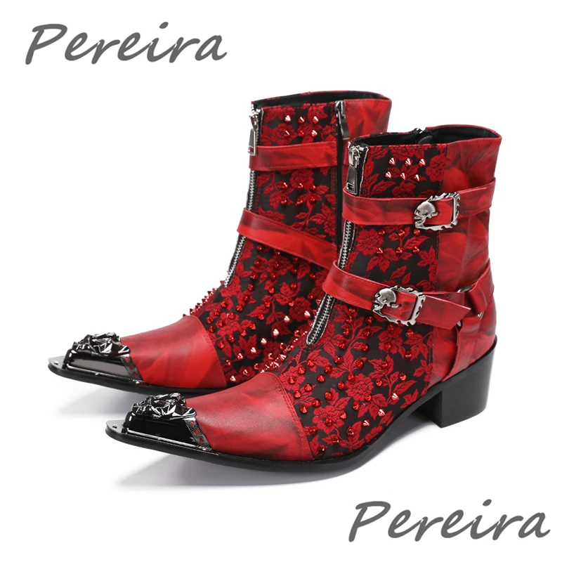 

Ботинки Челси мужские с металлическим острым носком и заклепками, ботинки из натуральной кожи на высоком каблуке в стиле панк, модная обувь на молнии с пряжкой, красные, разные цвета