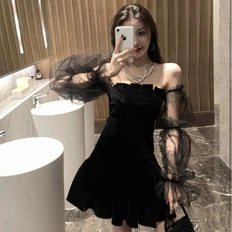 New Style Black Mesh Puff Sleeve Retro Dress Women's Lace Chiffon Strapless Waist Mini Skirt Women's High Street Sexy Korean
New Style Black Mesh Puff Sleeve Retro Dress Women's Lace Chiffon Strapless Waist Mini Skirt Women's High Street Sexy Korean