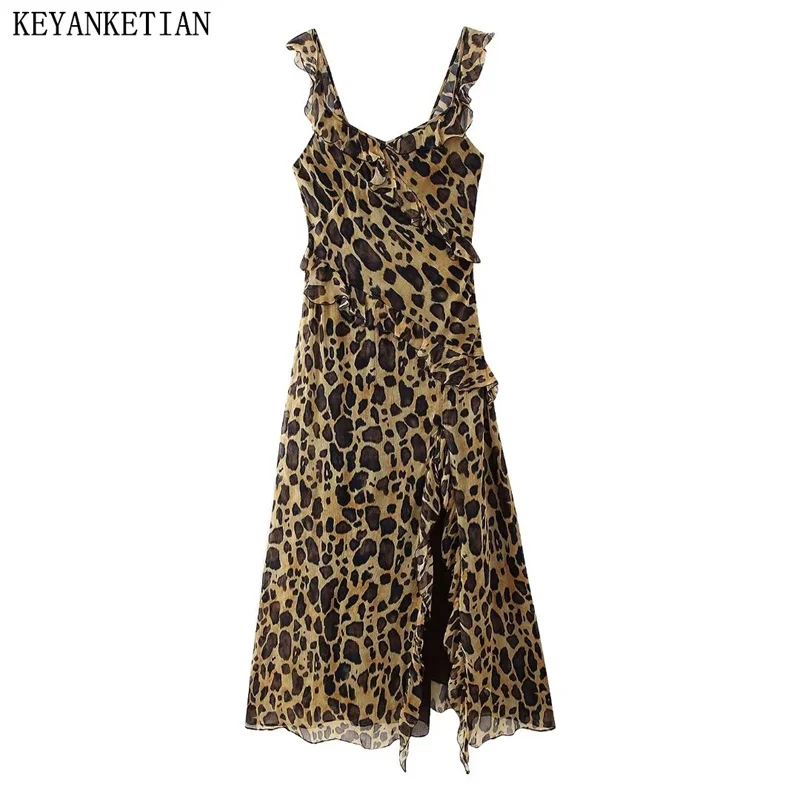 

KEYANKETIAN 2024 New Launch Women's Vintage Leopard Print Sleeveless Dress Asymmetrical Tiered Side Split Slim Sexy MIDI Dress
