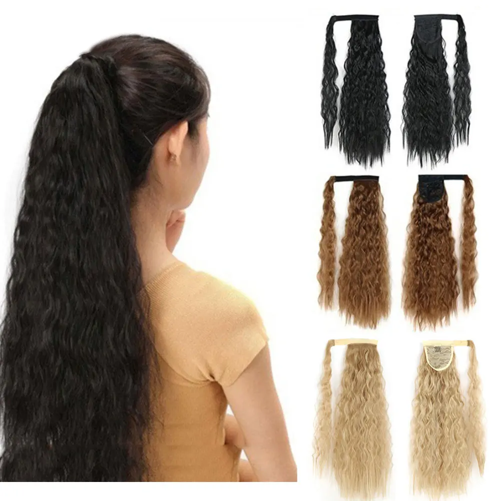 

Synthetic Corn Wavy Long Ponytail Hairpiece Wrap on Clip Hair Extensions Ombre Brown Pony Tail Blonde Fack Hair