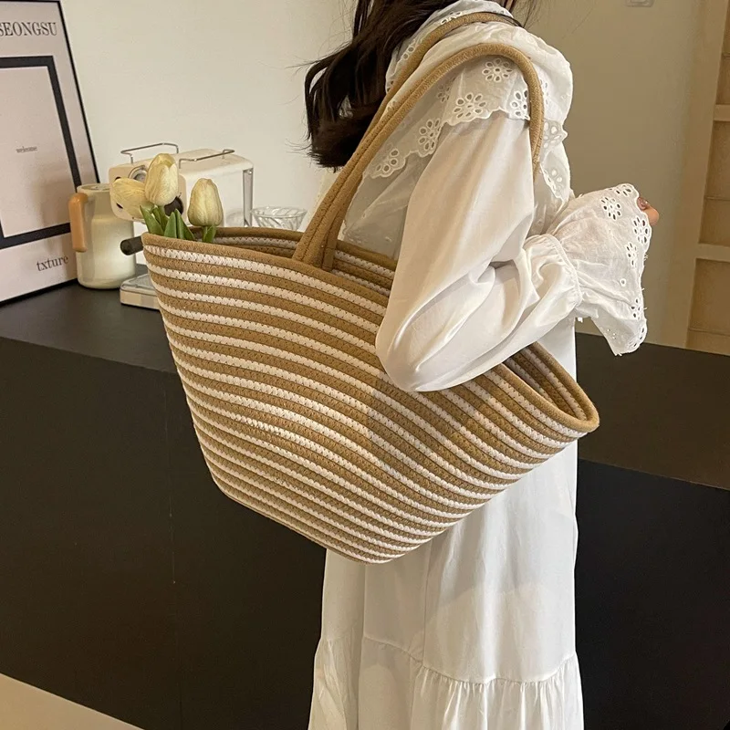 

Big Capacity Tote Bag for Women Shoulder Bag Fashion Cotton Rope Shopping Bags Contrast Color Ladies Holiday Commute Bag