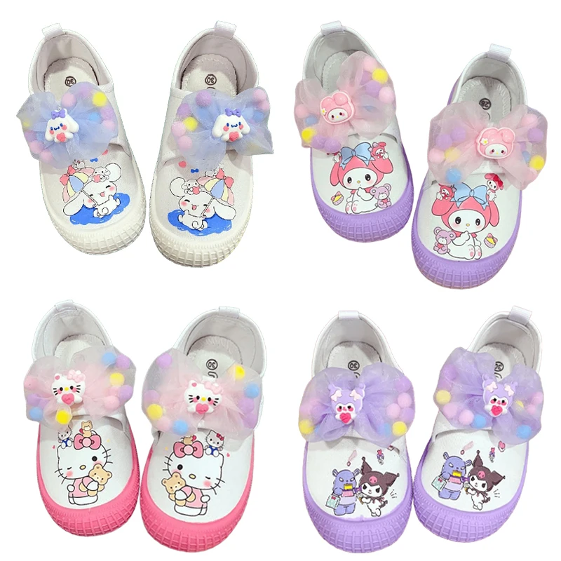 

Sanrios Hellokittys My Melody Cinnamoroll Kuromi для детского сада мягкие белые туфли с мультяшным рисунком Симпатичные дышащие парусиновые туфли