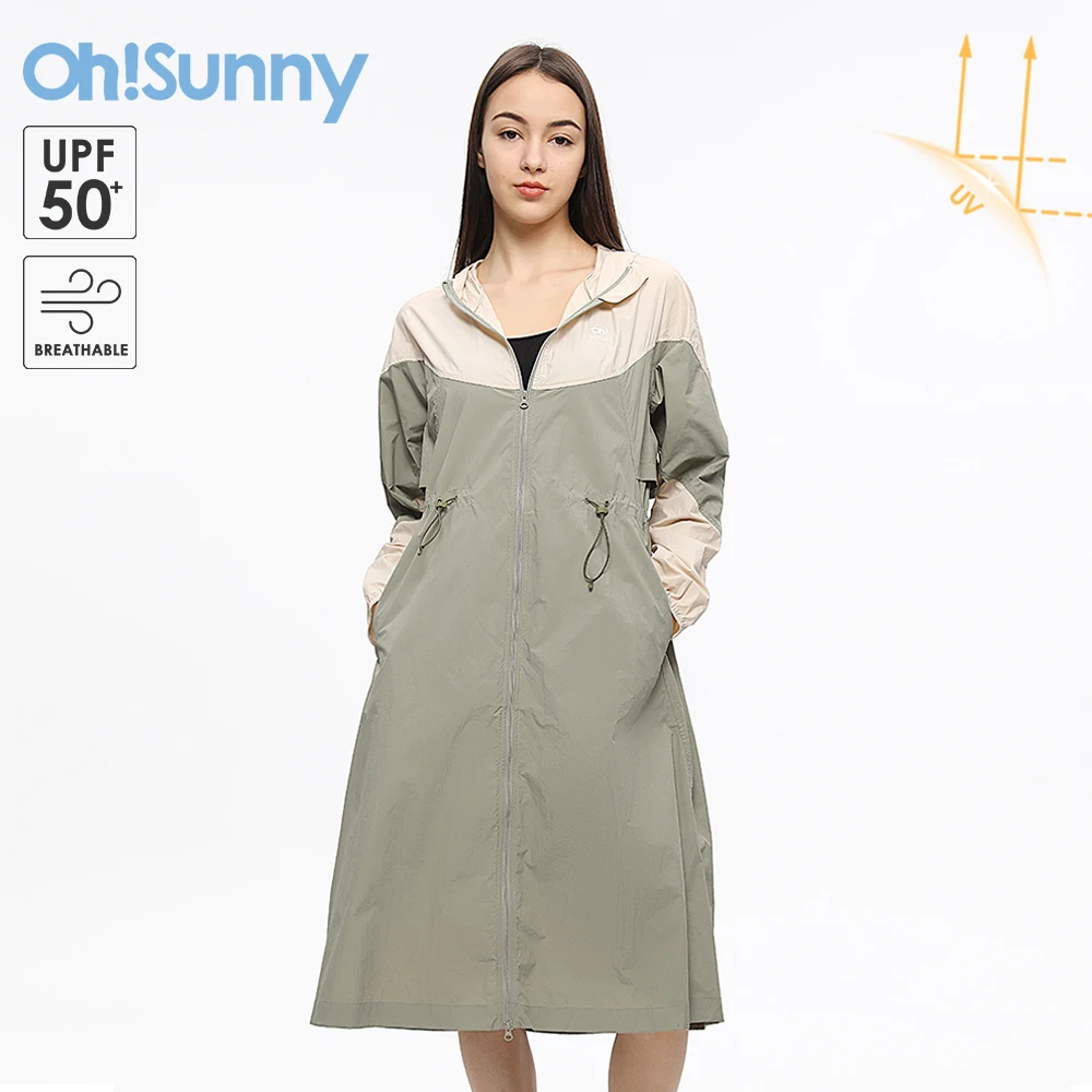 

OhSunny Women Trench Sun Protection Waterproof Long Coat 2024 Summer New Windbreaker Jackets Adjustable Waist Hooded Outwears