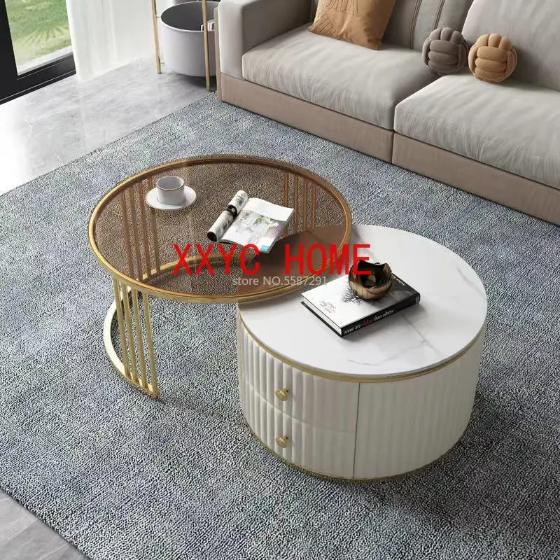 

Скандинавский набор, кофейный столик, современный минималистичный Круглый Кофейный Столик для квартиры с ящиком, коричневое стекло, искусственный роскошный креативный