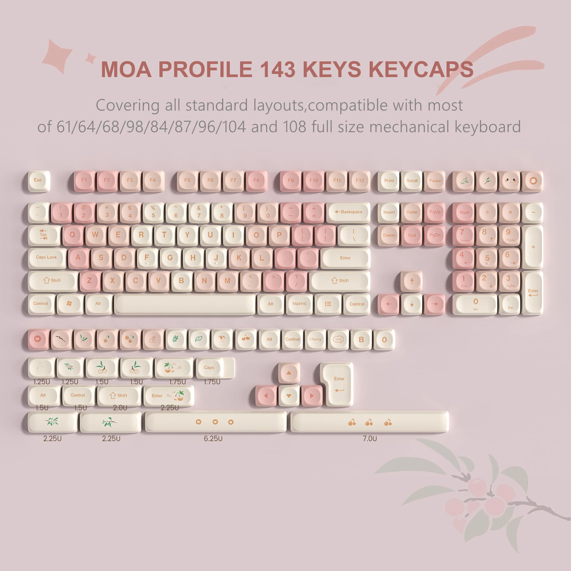 

MOA Profile Pink Cherry Dye Sub PBT Keycaps 143 Keys Customs Key caps for 61/87/104 Cherry MX Switch Gaming Mechanical Keyboard