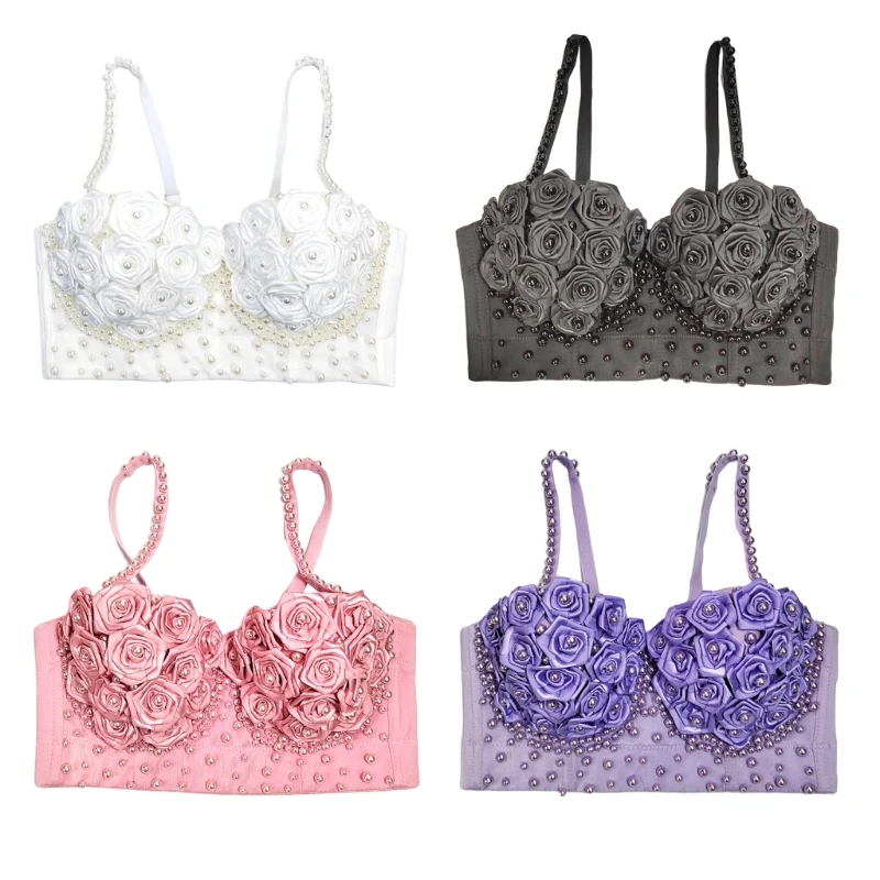 

Womens 3D Rose Floral Pearls Beaded Bustier Bras Spaghetti Strap Push Up Bralette Party Club Corsets Camisole Crop Top