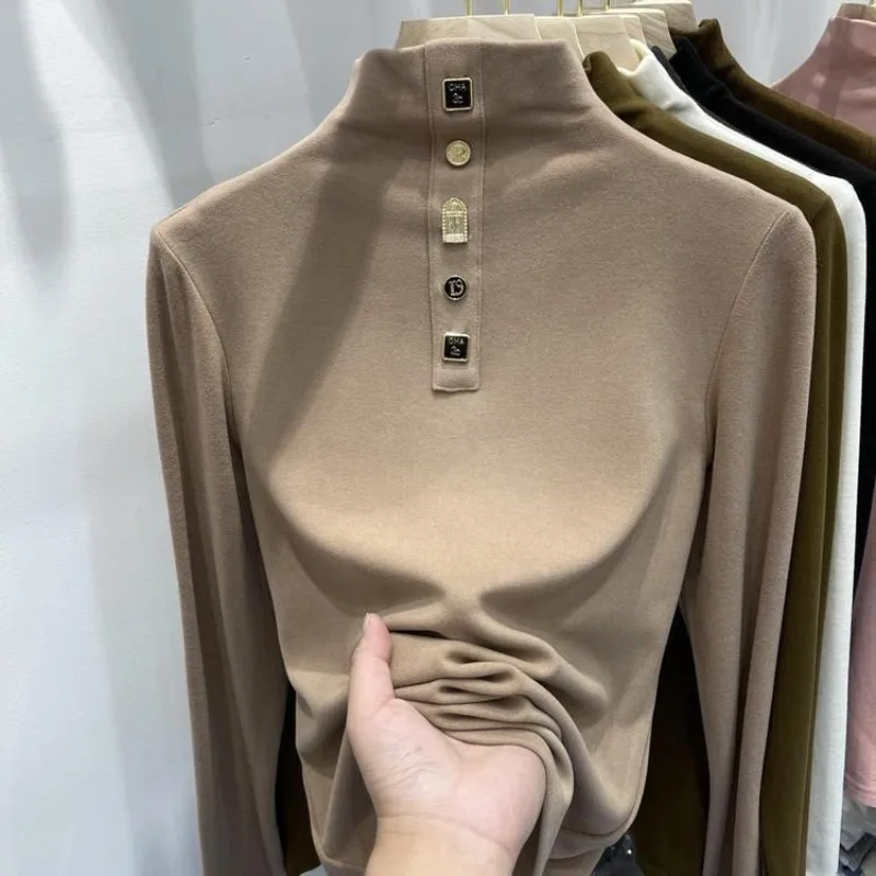 Женская футболка на пуговицах, однотонный облегающий пуловер с длинным рукавом и высоким воротником, Осень-зима