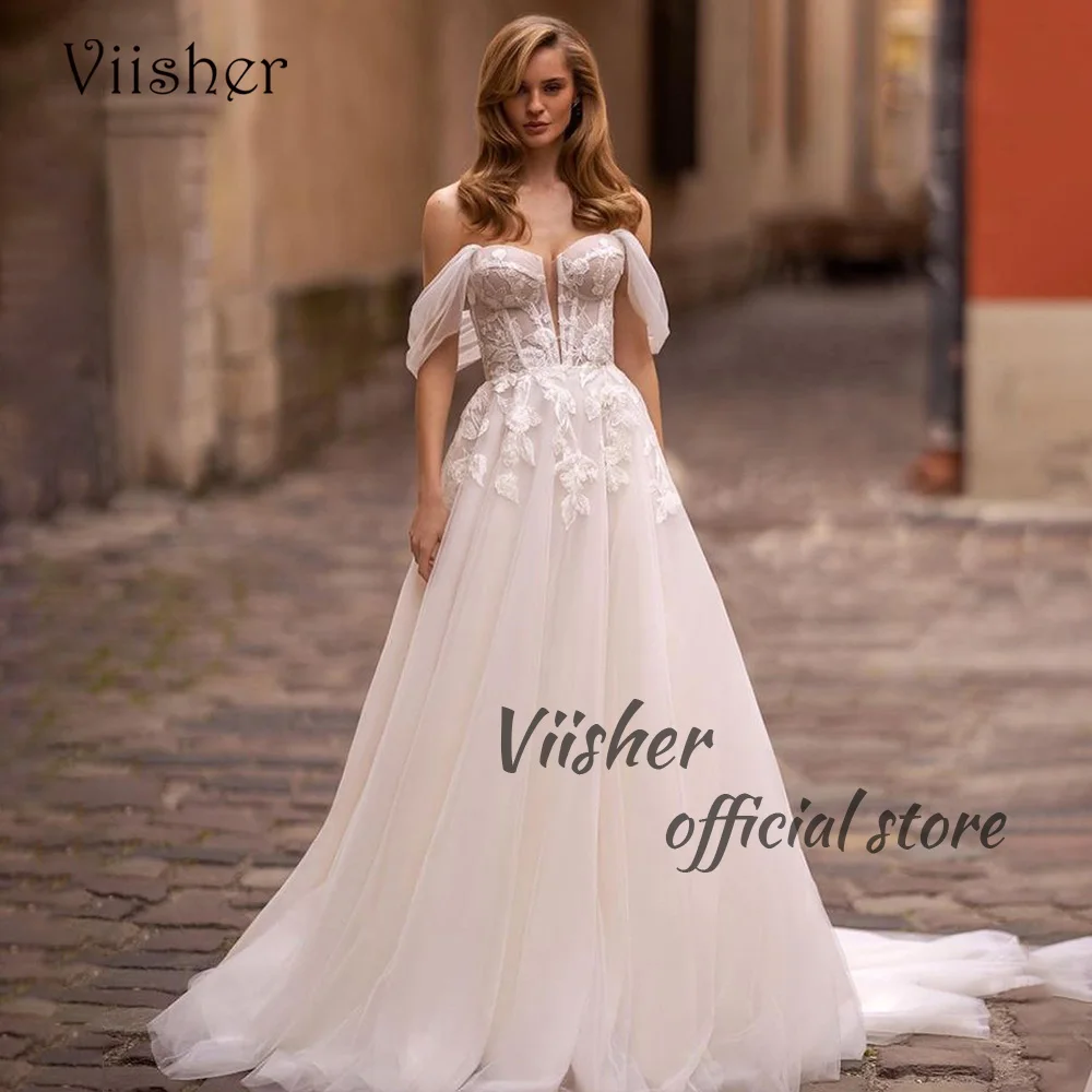 

Viisher Ivory Tulle Beach Wedding Dresses Off Shoulder Lace Appliques A Line Bride Dress Sweetheart Long Bohemian Wedding Gowns