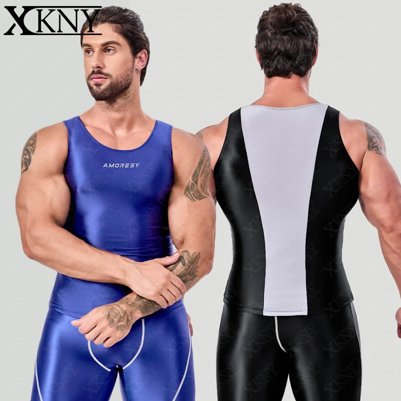 

XCKNY satin glossy men top Silk and color blocking tight sports hurdle vest for men's running vest