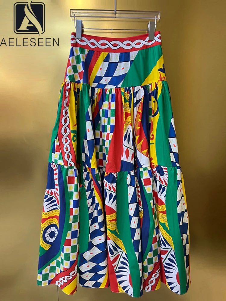 

AELESEEN Sicilian Fashion 100% Cotton Skirt Runway New Colorful Geometric Print High Waist Elegant Long Poplin Party Holiday