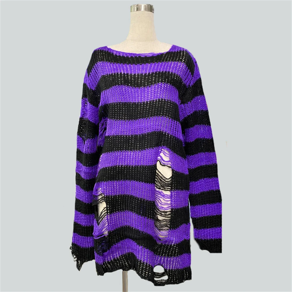 

Gothic Holes Ripped Sweater Striped Knitted Pullover Grunge Punk Distressed Hollow Out Knitwear Women Long Sleeve Top Y2K Jersey