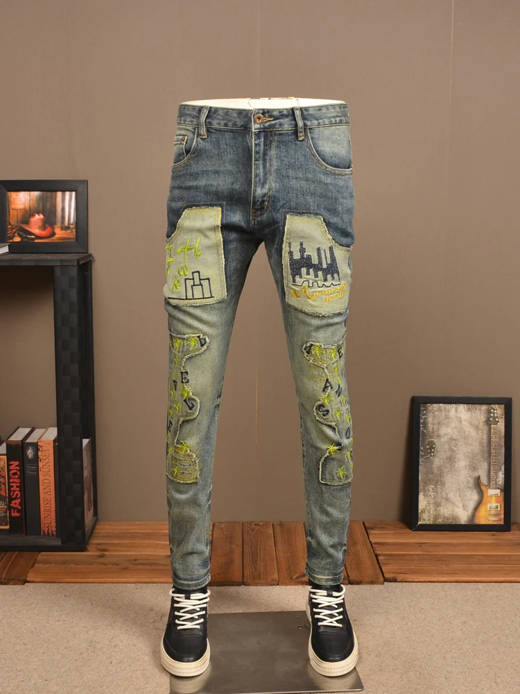 Blue Patchwork Embroidery Jeans Men Streetwear Casual Regular Straight Denim Pants
Blue Patchwork Embroidery Jeans Men Streetwear Casual Regular Straight Denim Pants