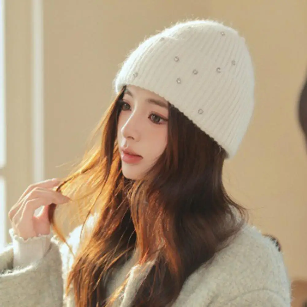 

Winter Thick Cap Stylish Rhinestone-decorated Women's Dome Cap Warm Windproof Knitted Beanie for Fall Winter Winter Hat