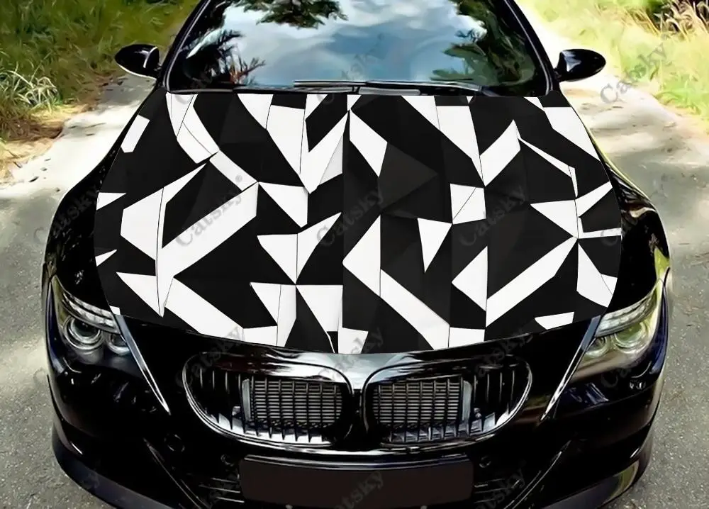 

Черно-белые виниловые геометрические наклейки на капот автомобиля, виниловая пленка, наклейки на крышку двигателя, универсальная защитная пленка на капот автомобиля