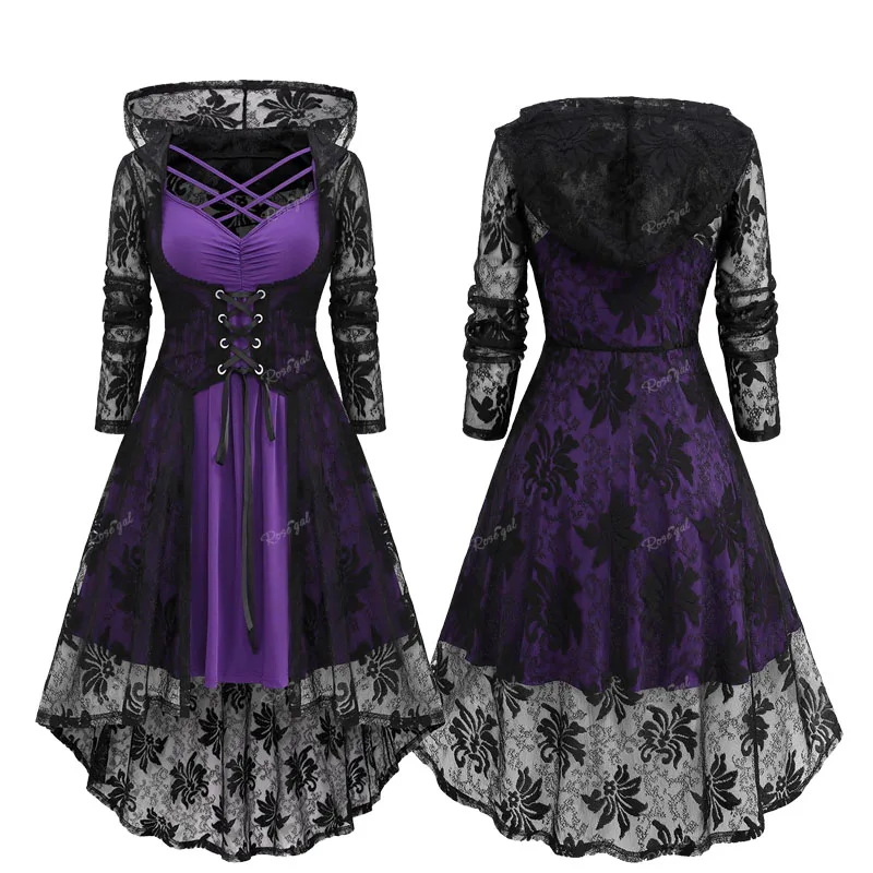 

ROSEGAL New Vintage Plus Size Dresses Purple Crisscross Ruched Cami Dress And Lace-up Floral Lace Hooded Cover Two Piece Set