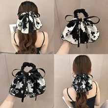New Classy Women's Floating Ribbon Bow Ponytail Hair Ring Retro Ink Broken Flower Hairband Headband Girls Hair Accessories Gifts