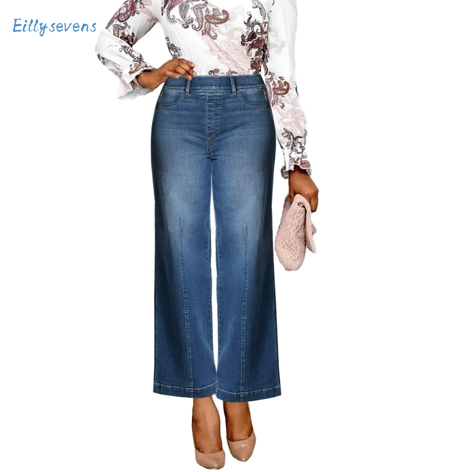 

Women Seamed Front Wide Leg Jeans Elastic Waist Stretch Denim Flare Jeans High Waisted Jean Bell Bottom Cropped Pants