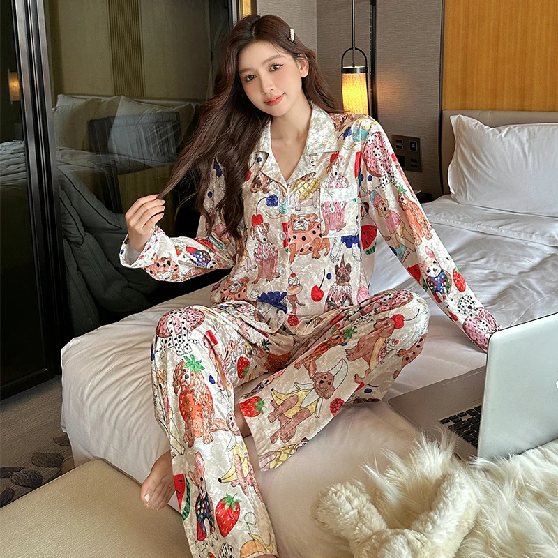 Spring Cartoon Print Casual Gold Velvet Pajamas Sets Fashion Women Pyjamas Homewear For Sleep Pijama Home Clothing
Spring Cartoon Print Casual Gold Velvet Pajamas Sets Fashion Women Pyjamas Homewear For Sleep Pijama Home Clothing