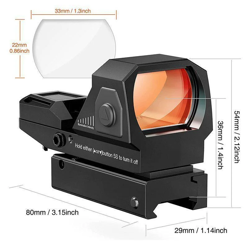 Tactical 1X22X33 Reflex Sight 4 Reticle Red Dot Sight Optics ON & Off Switch for 20mm Rail Mount Airsoft Rifle Socpe Wargame
Tactical 1X22X33 Reflex Sight 4 Reticle Red Dot Sight Optics ON & Off Switch for 20mm Rail Mount Airsoft Rifle Socpe Wargame