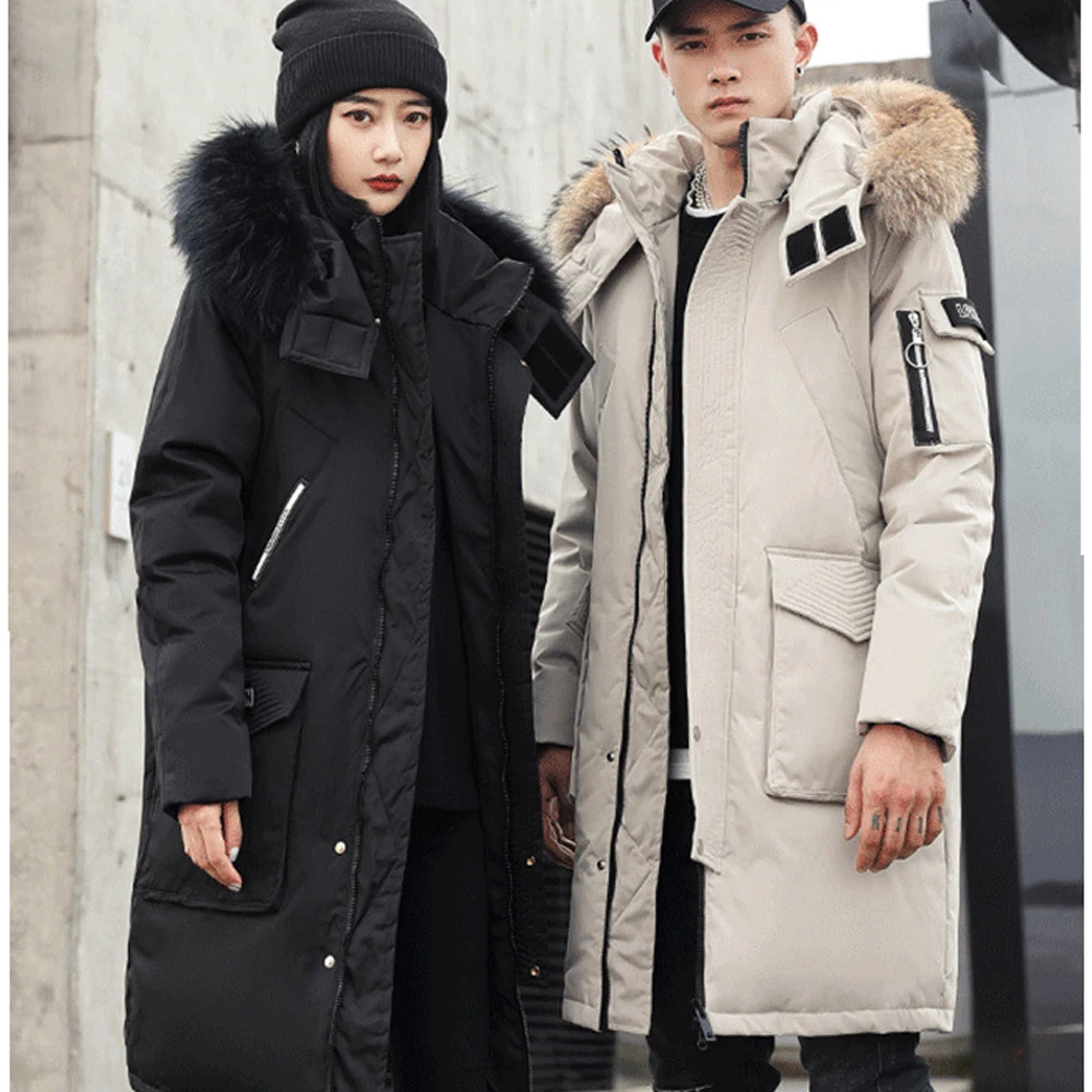 

Длинная парка с меховым капюшоном для мужчин и женщин, Зимняя Толстая ветрозащитная теплая куртка, Свободное пальто с пуховыми карманами, модная верхняя одежда