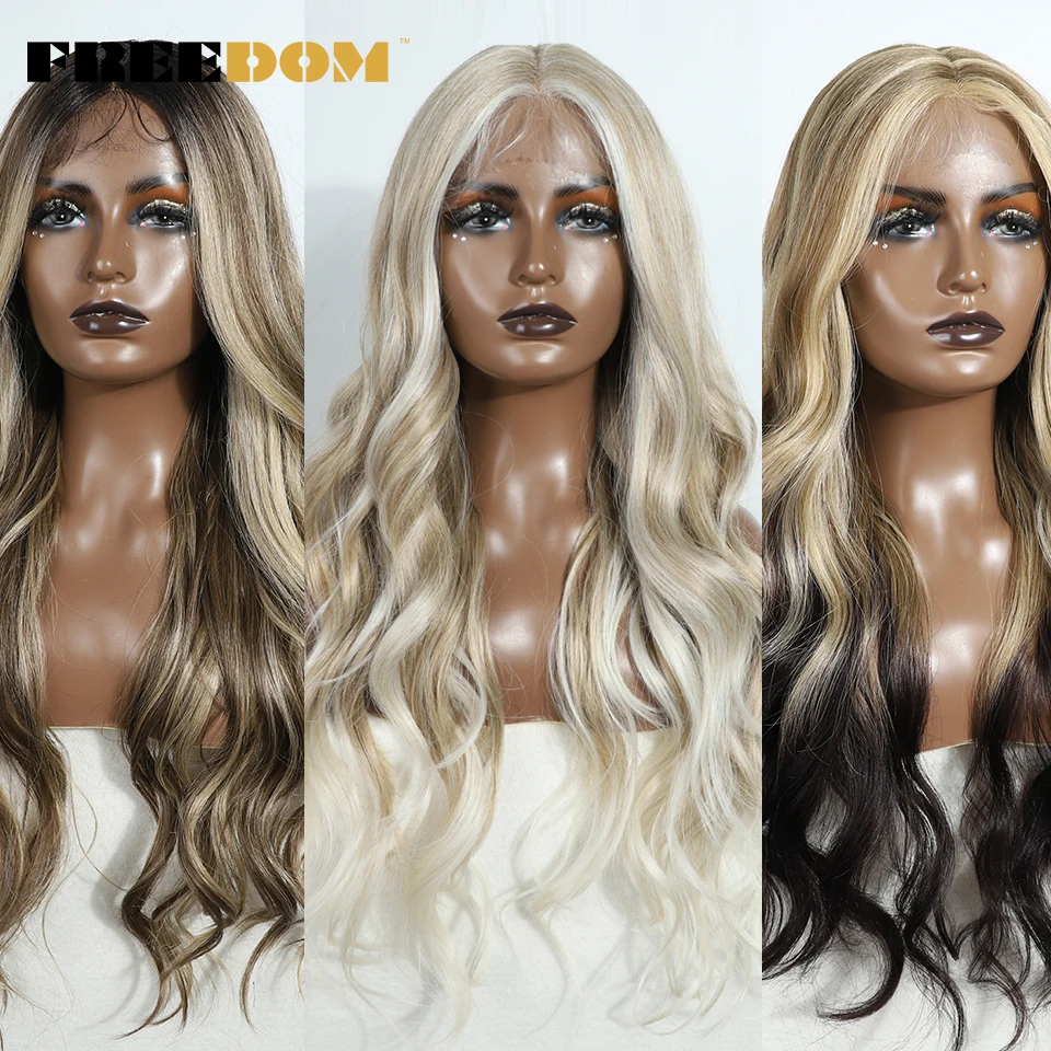

FREEDOM Body Wave Synthetic Lace Front Wigs For Women 30" Long Ombre Brown Blonde Highlight Lace Wig Heat Resistant Cosplay Wig