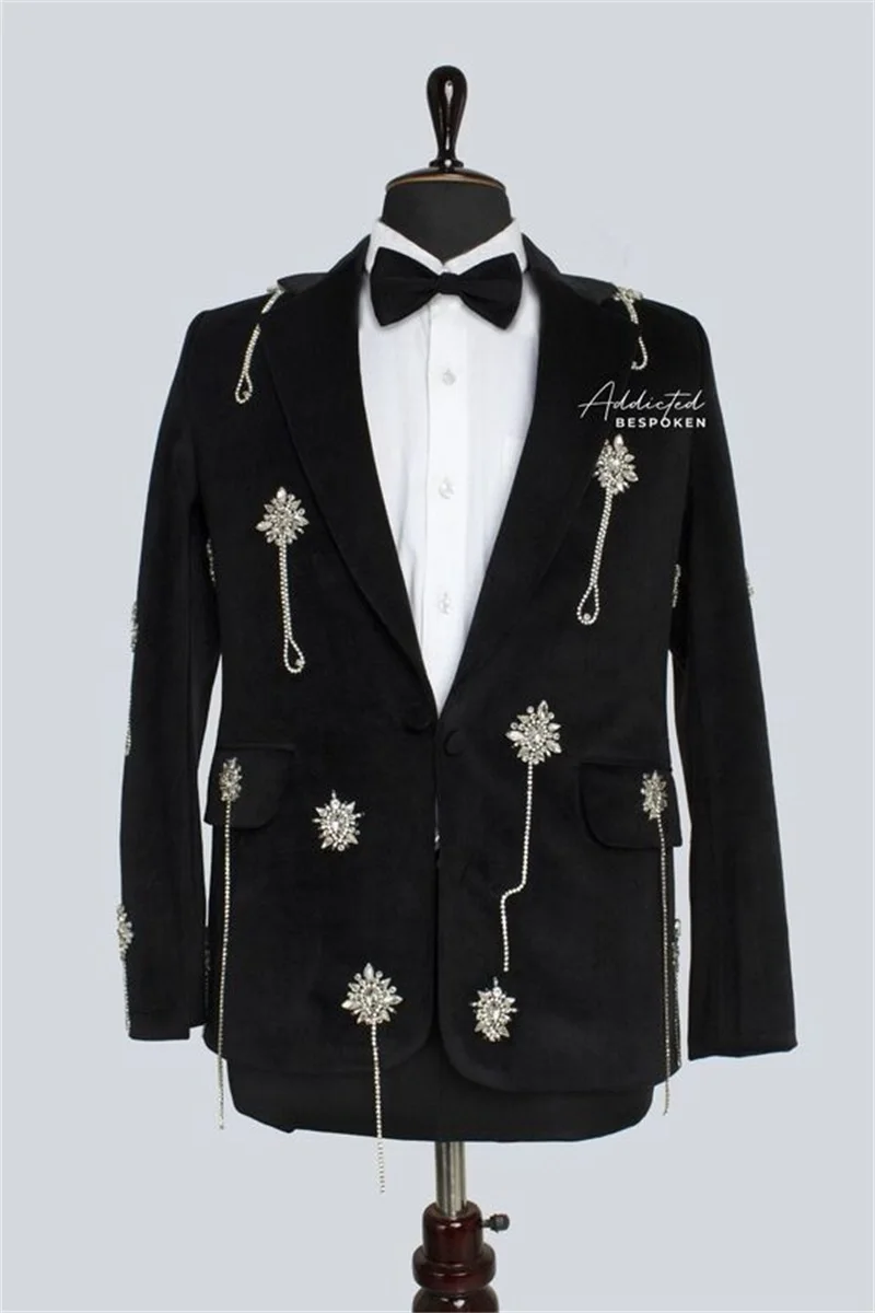 

Crystal Beading Men Suits Pants Set 2 Piece Blazer+Trousers Black Groom Wedding Tuxedo Formal Office Coat Custom Made Jacket