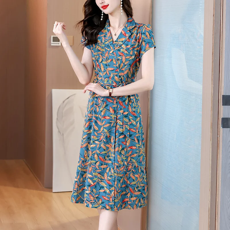 

Coigarsam Women's Summer Dress 2024 New Office Lady Chiffon Short Sleeve Floral Print Notched Zipper Belt Dresses