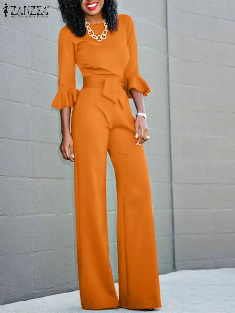 

ZANZEA 2024 Summer Belted Waisted Overalls Women Elegant Jumpsuit Fashion Luxury Rompers Y2K Holiday Ruffle 3/4 Sleeve Playsuits