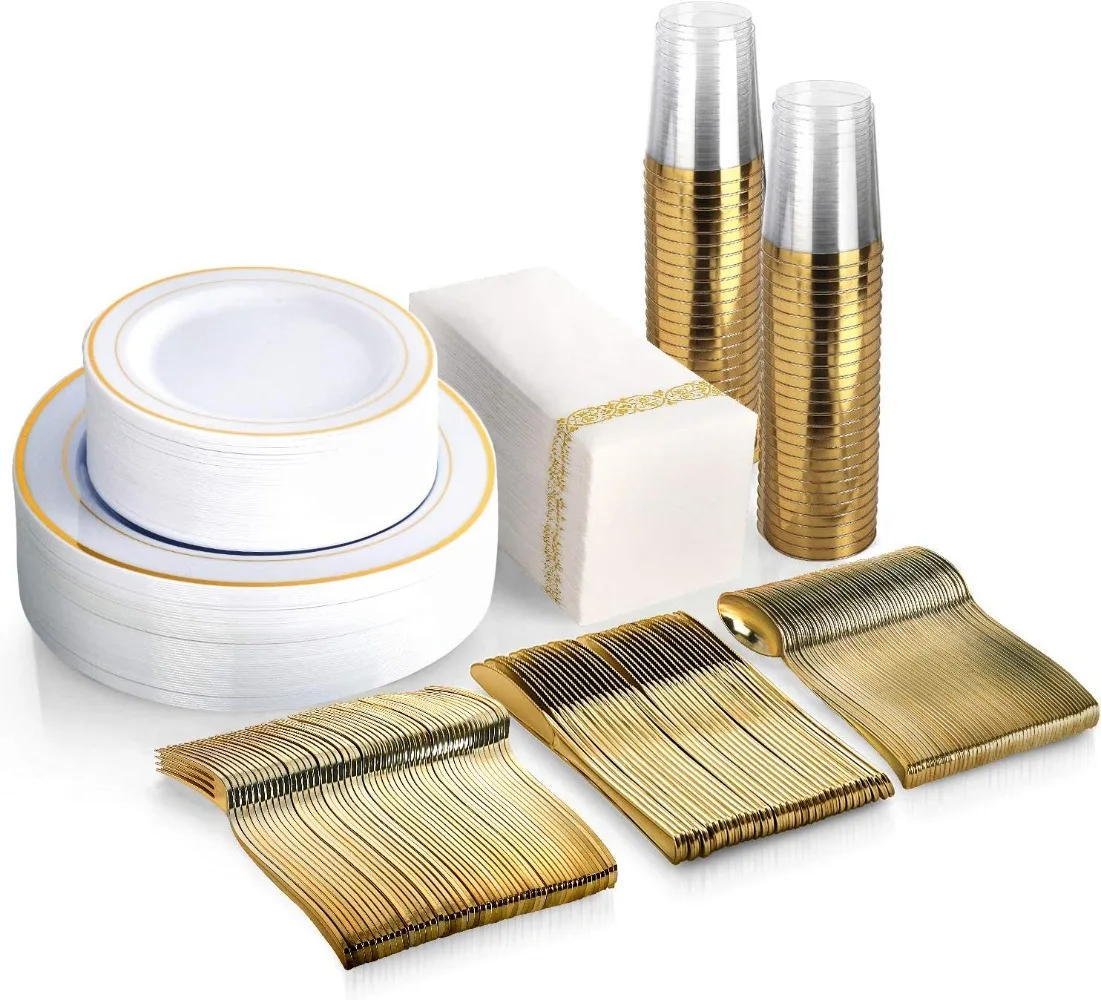 350 Piece MCIRCO Gold Dinnerware Set - 100 Gold Rim Plastic Plates - 50 Gold Plastic Silverware - 50 Plastic Cups
350 Piece MCIRCO Gold Dinnerware Set - 100 Gold Rim Plastic Plates - 50 Gold Plastic Silverware - 50 Plastic Cups