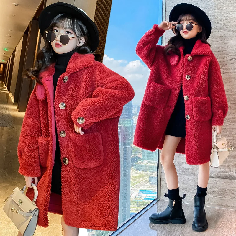 Girls Coat Jacket Lamb Wool Outerwear Buttons Long Mid-Length Warm Thicken Fur Velvet Winter Cotton Teenage Children's Clothing 
Girls Coat Jacket Lamb Wool Outerwear Buttons Long Mid-Length Warm Thicken Fur Velvet Winter Cotton Teenage Children's Clothing