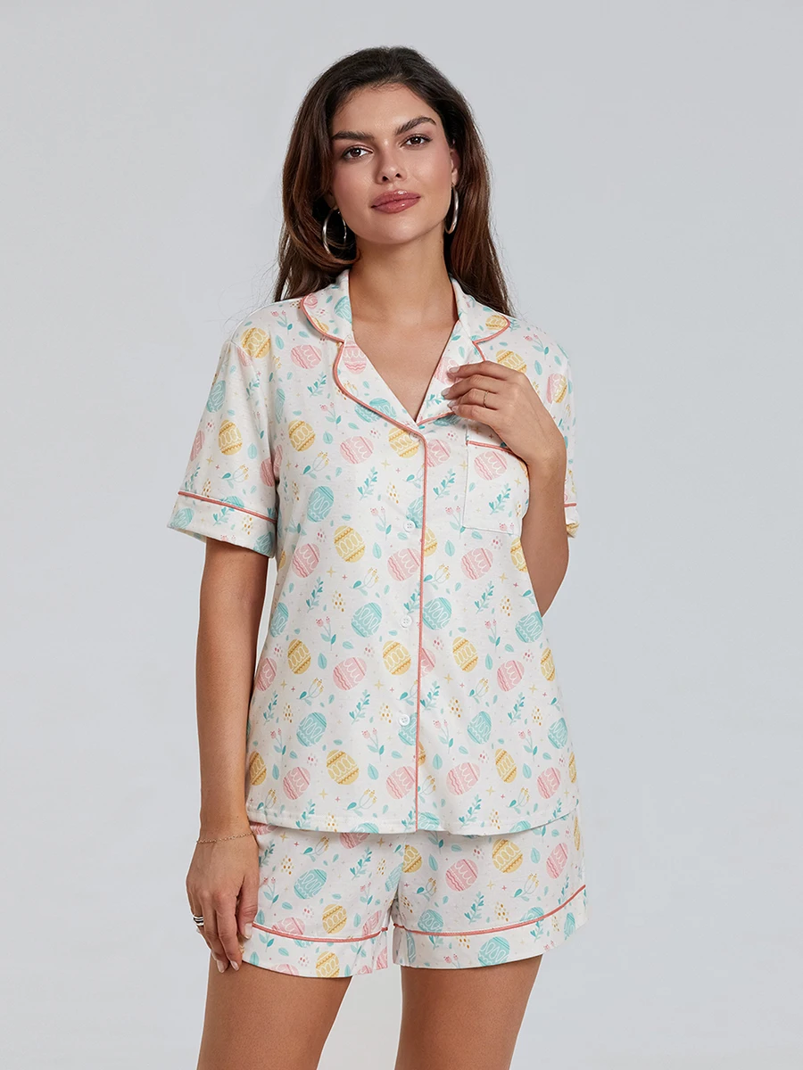 

Women s Easter Loungewear Set Cartoon Egg Print Short Sleeve Lapel Button T-Shirt with Elastic Waist Shorts