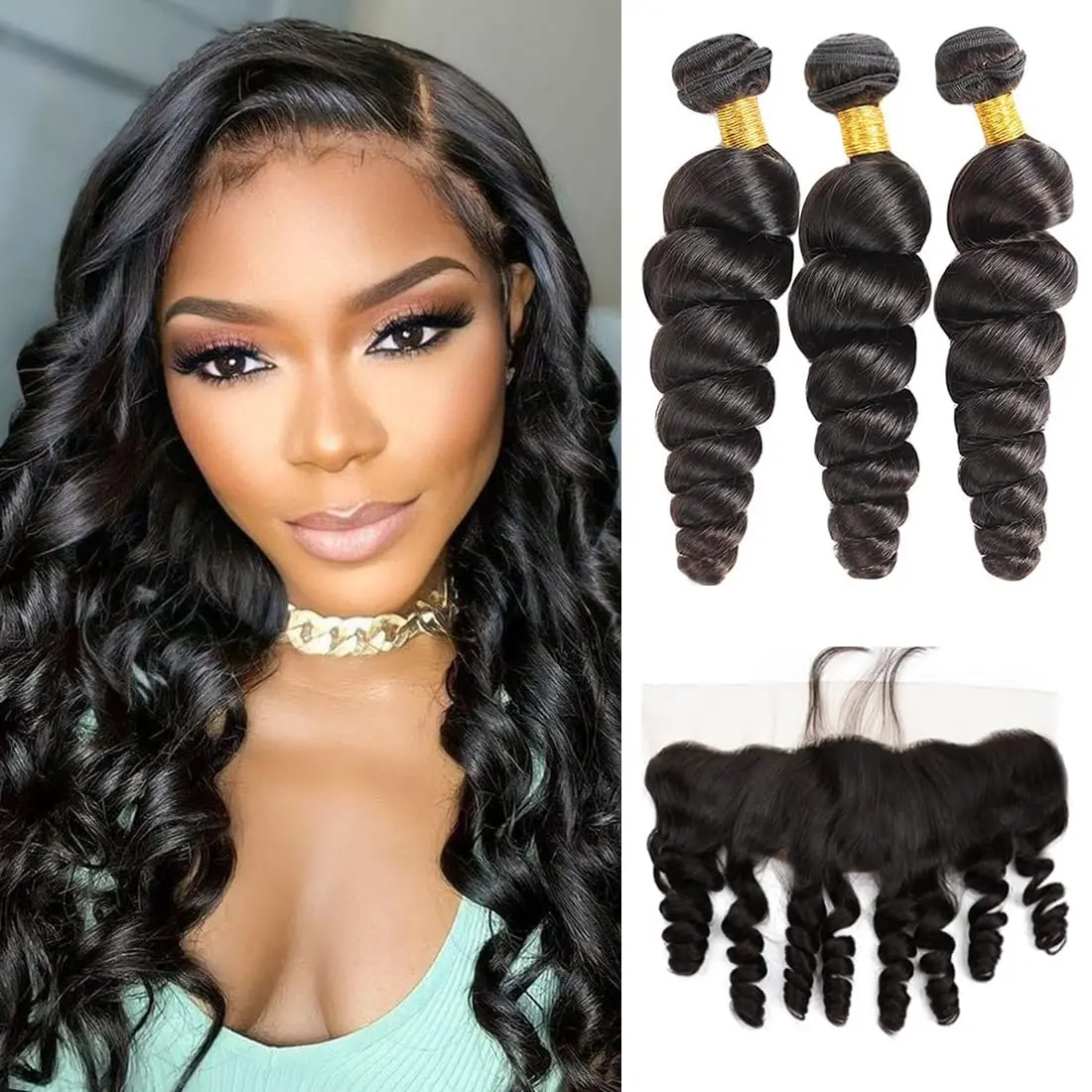 

Peruvian Human Hair Loose Wave Bundles with Frontal Ear to Ear 13x4 Free Part Lace Frontal 100% Unprocessed Virgin Human Hair
