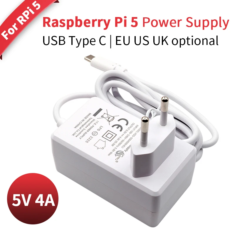 

Raspberry Pi 5 Power Supply 100-240V Input DC 5V 4A Power Adapter Type C Port Charger Optional EU US UK Plug for Raspberry Pi 5