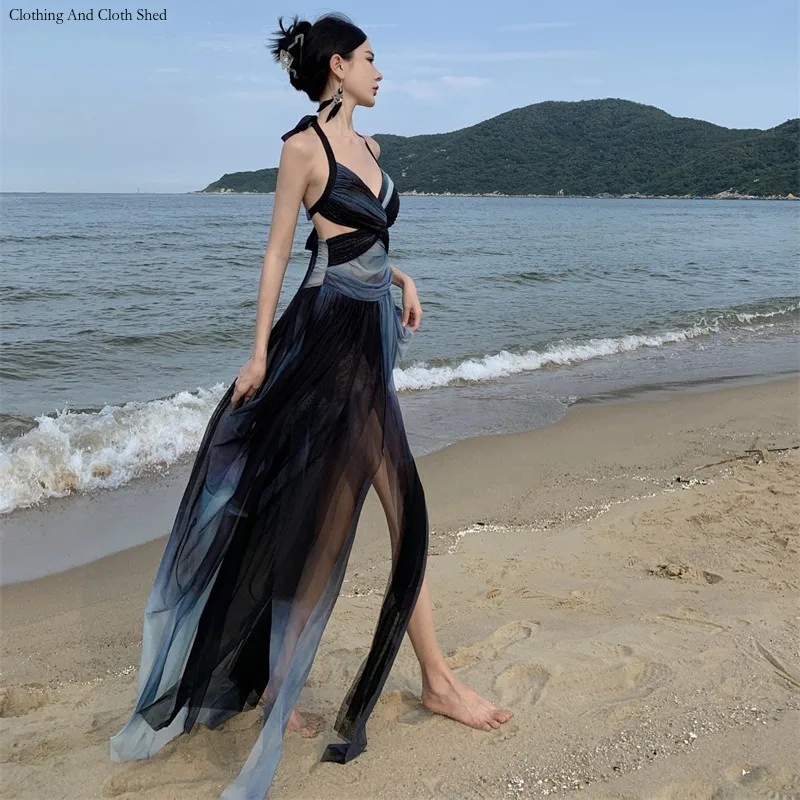 

2024 Summer New Fashion Slim Fit Sexy V-neck Mesh Women's Sling Dress Elegant Temperament Gathering Picnic Beach Bohemian Dress